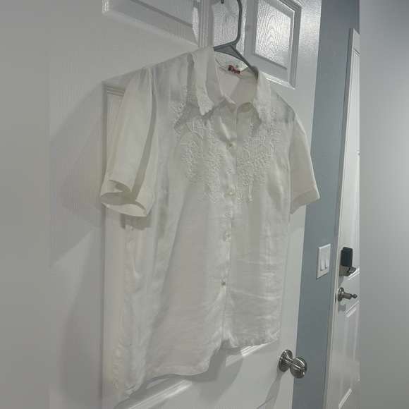 Vintage Hand Embroidered 100% Linen Button Down Short Sleeve Shirt Ivory White - Picture 2 of 11